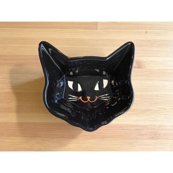 Nrew Spooky Black Cat Smiling Face Head Halloween Ceramic Candy Bowl Dish Decor - Picture 1 of 2